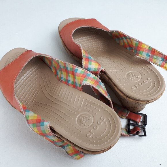 Crocs A-leigh Peach Leather Cork Wedge Sandals - Picture 11 of 15